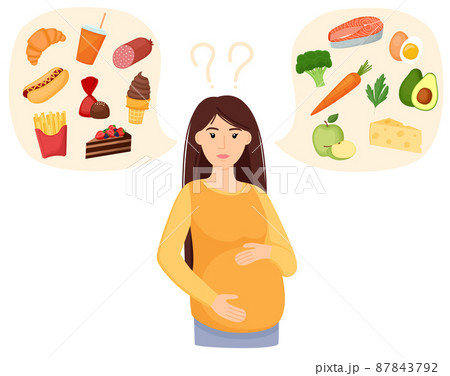 Pregnant woman choosing between healthy and unhealthy food. Fastfood vs balanced menu. Eating during pregnancy. Concept vector illustration 87843792