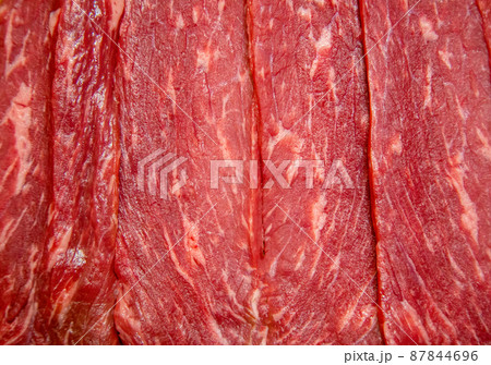 Fresh meat background. Raw uncooked red beef meat texture. Closeup pattern 87844696