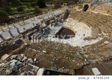 Aerial view of remains of Odeon and State Agora in Ephesus after reconstruction Aerial view of remains of Odeon and State Agora in Ephesus after reconstruction 87846109