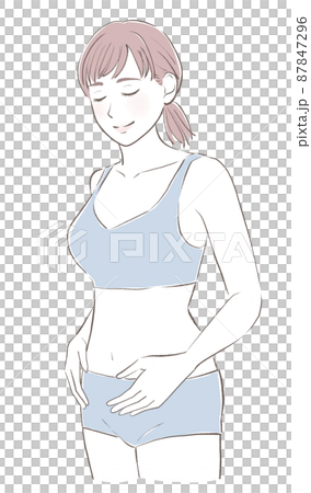 一個苗條的女人，把手放在肚子上，閉上眼睛微笑 87847296