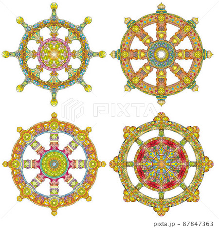 Set of Wheels the symbol of buddhism vector illustration Set of Wheels the symbol of buddhism vector illustration 87847363