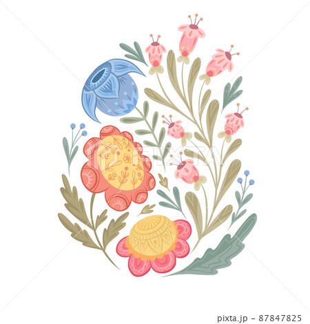 Tender flat illustration of flowers with a folk arts on a white background. Vector floral arrangement with naive ornaments. 87847825