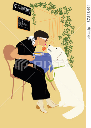 Woman eating spaghetti with her adorable dog at cafe terrace Woman eating spaghetti with her adorable dog at cafe terrace 87848494