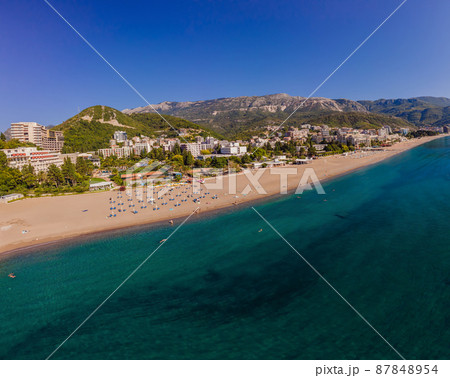 Aerophotography. View from flying drone. Panoramic cityscape of Budva, Montenegro. Top View. Beautiful destinations Aerophotography. View from flying drone. Panoramic cityscape of Budva, Montenegro. Top View. Beautiful destinations 87848954