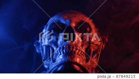 Robotic skull with blue and red lights and smoke Robotic skull with blue and red lights and smoke 87849215