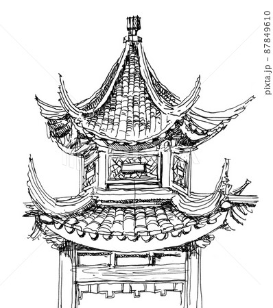 Chinese temple architecture drawing in black and white pen illustration 87849610