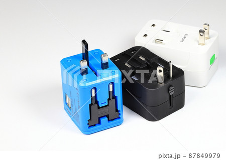 Vareity of Universal plug adapters, Box type travel plug adapters isolated on white background 87849979