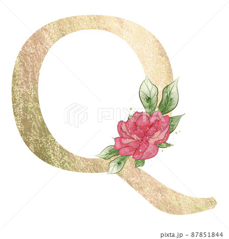 Gold capital letter Q decorated with peonies flowers and leaves. 87851844