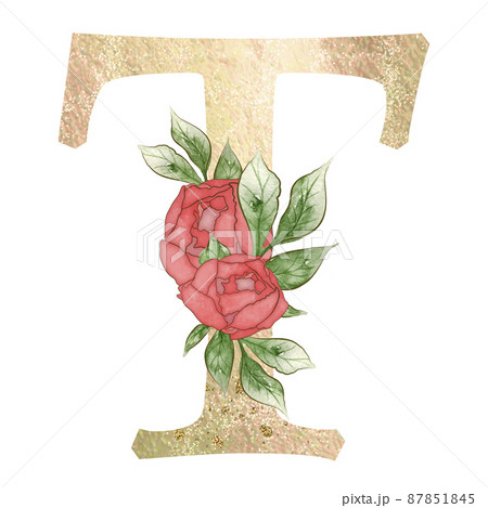 Gold capital letter T decorated with peonies flowers and leaves. 87851845