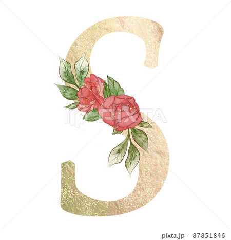 Gold capital letter S decorated with peonies flowers and leaves. Gold capital letter S decorated with peonies flowers and leaves. 87851846