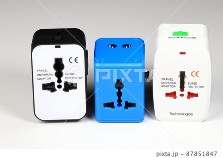 Vareity of Universal plug adapters, Box type travel plug adapters isolated on white background Vareity of Universal plug adapters, Box type travel plug adapters isolated on white background 87851847