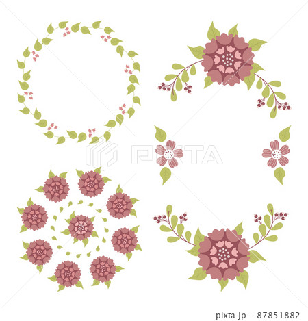 Vector set of wreaths with flowers, herbs, leaves, branches and flowering plants. Isolated on white background. Floral illustration for creating invitations, greeting cards, design and decor. 87851882