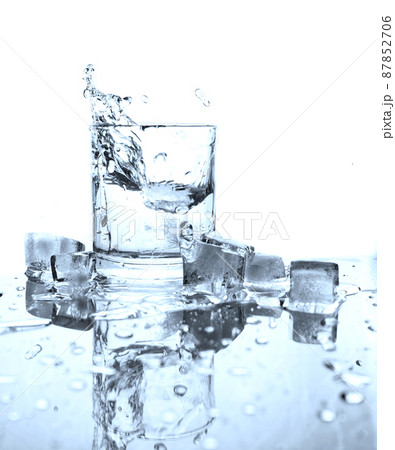 Drinking water splashed with ice in glass Drinking water splashed with ice in glass 87852706