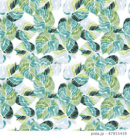 Hand drawn embroidery monstera leaves tropical seamless pattern. Palm leaf endless wallpaper. 87853439