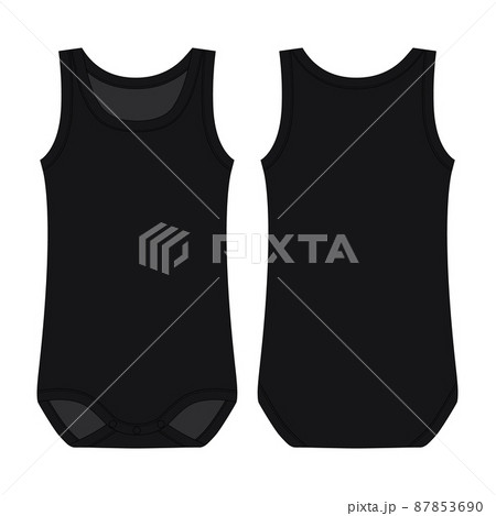 Baby sleeveless body. Black color. Infant tank top technical sketch. Children bodysuit. Underwear 87853690