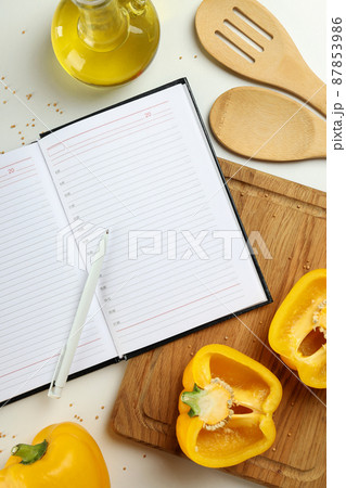 Concept of recipe on white background, space for text Concept of recipe on white background, space for text 87853986
