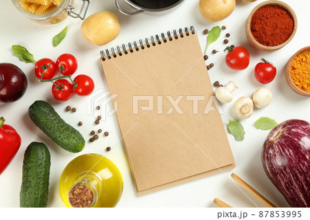 Concept of recipe book on white background, space for text 87853995