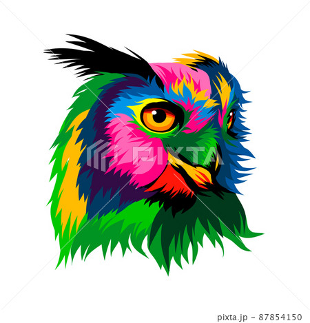 Head portrait of a long-eared owl, eagle owl from multicolored paints. Splash of watercolor, colored drawing, realistic 87854150
