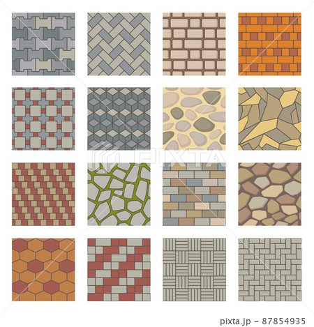 Pavement stones seamless pattern, paving stone city road texture. Pavements sidewalk tiles, brick pathway, stone paving patterns vector set 87854935