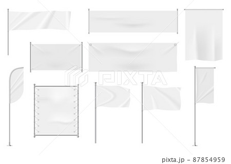 Realistic white textile banners, blank waving flags on flagpoles. Hanging flags, pennant banner, fabric signboard for advertising vector set 87854959