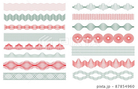 Guilloche borders, money watermark, certificate decoration elements. Banknote security watermarks, guilloches seamless border vector set 87854960