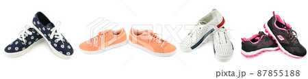 Shoes for sports and walking isolated on white background. Wide format. Collage. Shoes for sports and walking isolated on white background. Wide format. Collage. 87855188