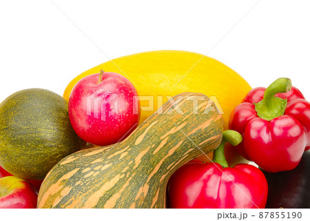 Vegetables and fruits isolated on a white background. Free space for text. 87855190
