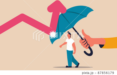 Recovery business arrow and crisis economic. Market economy reversal and stock statistics vector illustration concept. Volatility graph forecast and umbrella support man. Money investment and safety 87856179