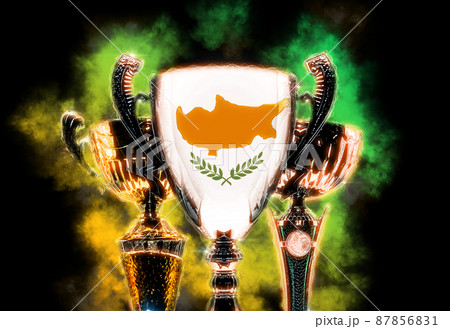 Trophy cup textured with flag of Cyprus. Digital illustration 87856831