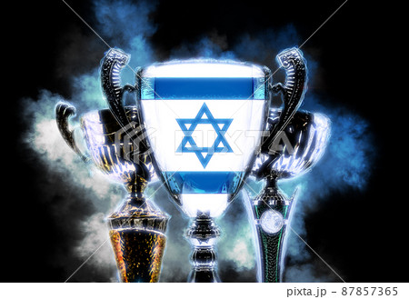 Trophy cup textured with flag of Israel. Digital illustration 87857365