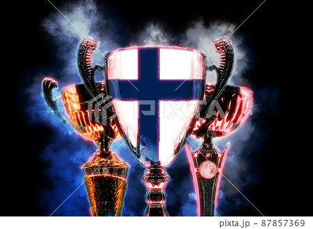 Trophy cup textured with flag of Finland. Digital illustration 87857369