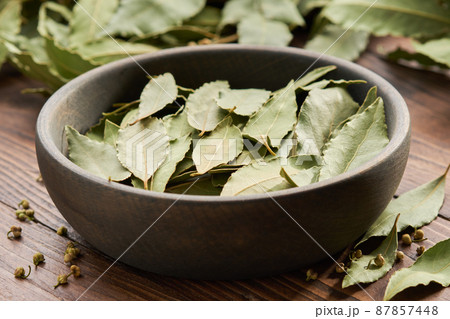 Wooden bowl of dried laurel leaves. Branch and twigs of green bay leaves. 87857448