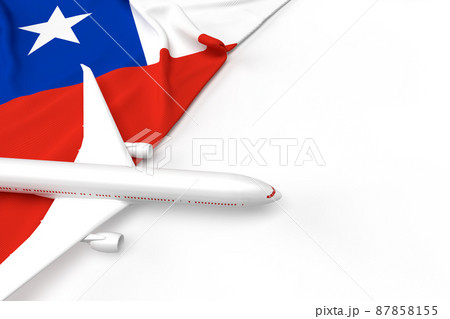 Passenger airplane and flag of Chile. 3D illustration Passenger airplane and flag of Chile. 3D illustration 87858155