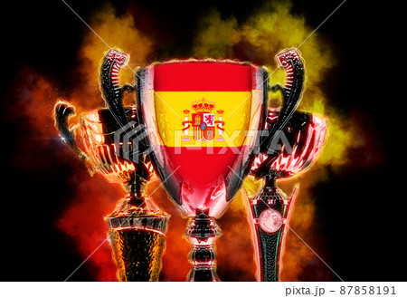 Trophy cup textured with flag of Spain. Digital illustration 87858191