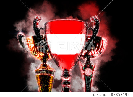 Trophy cup textured with flag of Austria. Digital illustration 87858192