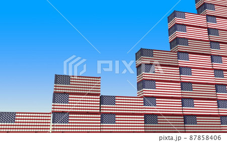 Containers with flags of the United States making a rising trend graph. Business success related 3D rendering 87858406