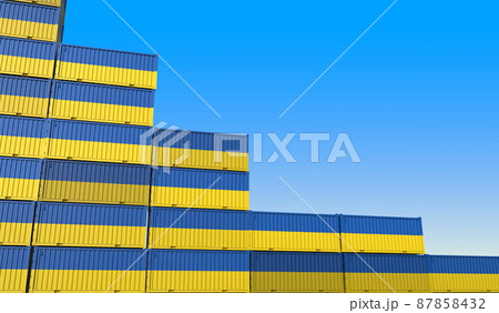 Flag of Ukraine on containers forming declining trend of graph. National crisis or meltdown related conceptual 3D rendering Flag of Ukraine on containers forming declining trend of graph. National crisis or meltdown related conceptual 3D rendering 87858432