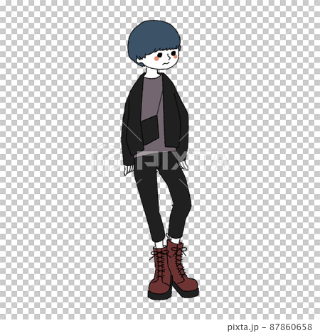 カジュアルファッションのブーツを履いたボブヘアの男性 ファッションイラスト カラー 87860658