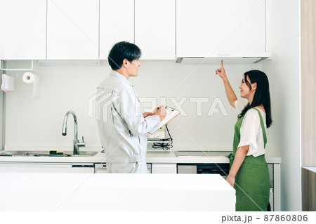 キッチンで話す作業着姿の男性と女性（換気扇） 87860806