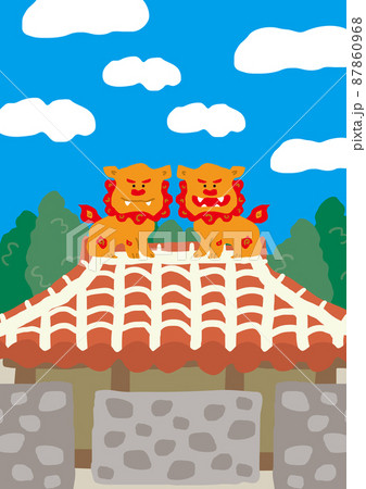 沖縄の赤瓦屋根の家とシーサー 縦のイラスト素材