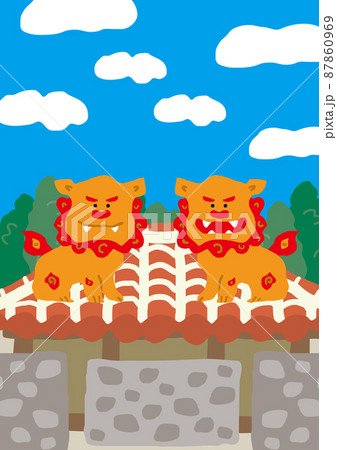 沖縄の赤瓦屋根の家とシーサー 縦のイラスト素材