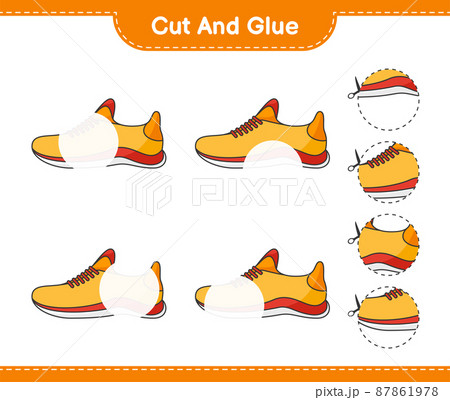 Cut and glue, cut parts of Running Shoes and glue them. Educational children game, printable worksheet, vector illustration Cut and glue, cut parts of Running Shoes and glue them. Educational children game, printable worksheet, vector illustration 87861978