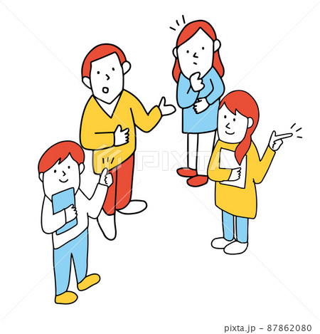課題についてディスカッションを通して解決策を導き出す4人の男女のイラスト 87862080