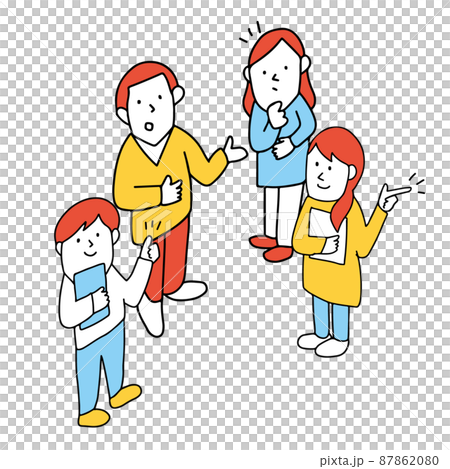 課題についてディスカッションを通して解決策を導き出す4人の男女のイラスト 87862080