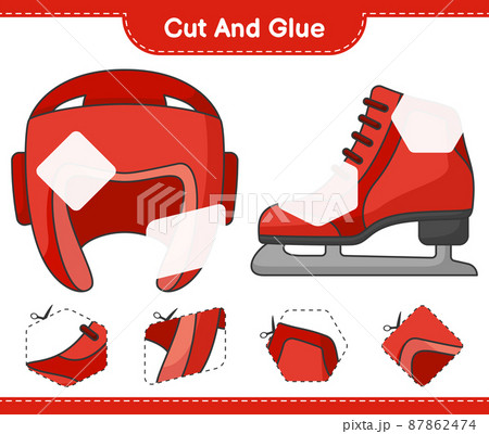 Cut and glue, cut parts of Boxing Helmet, Ice Skates and glue them. Educational children game, printable worksheet, vector illustration 87862474