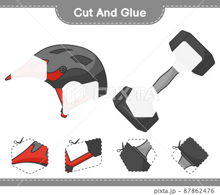 Cut and glue, cut parts of Bicycle Helmet, Dumbbell and glue them. Educational children game, printable worksheet, vector illustration 87862476