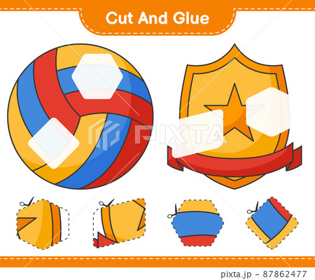 Cut and glue, cut parts of Volleyball, Trophy and glue them. Educational children game, printable worksheet, vector illustration 87862477