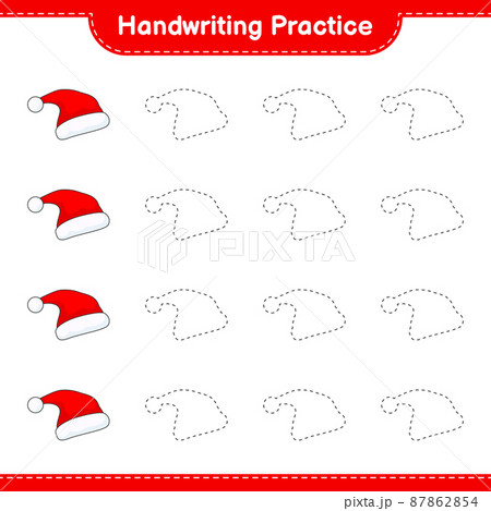 Handwriting practice. Tracing lines of Santa Hat. Educational children game, printable worksheet, vector illustration Handwriting practice. Tracing lines of Santa Hat. Educational children game, printable worksheet, vector illustration 87862854