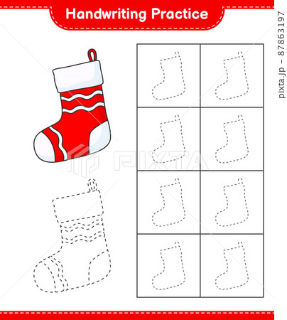 Handwriting practice. Tracing lines of Christmas Sock. Educational children game, printable worksheet, vector illustration Handwriting practice. Tracing lines of Christmas Sock. Educational children game, printable worksheet, vector illustration 87863197