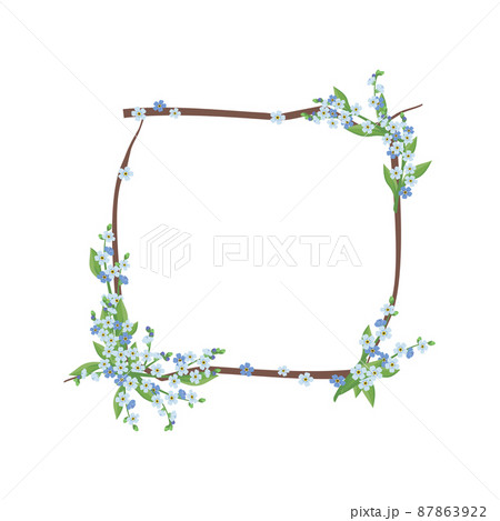 Square wreath of blue forget me not flowers. Spring blooming composition or frame with buds and leaves. Festive decoration for wedding, holiday, postcard and design. Vector flat illustration 87863922